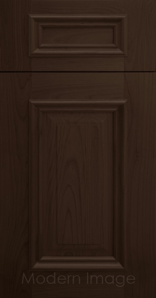 Heritage custom cabinets in a Brownie Stain, classic raised panel doors, and modern flat slab drawer fronts.